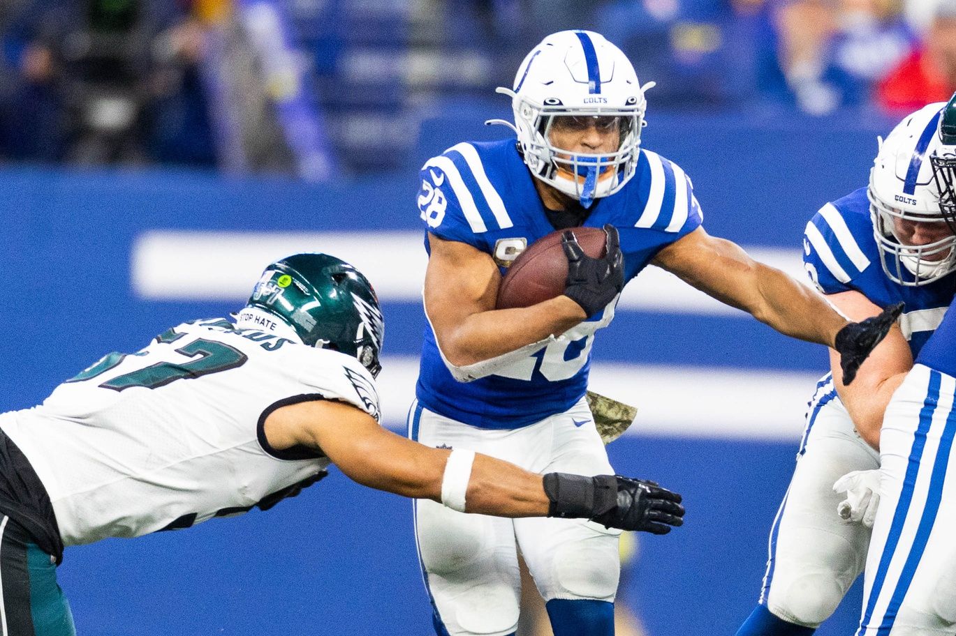 Indianapolis Colts RB Jonathan Taylor (28) runs the ball against the Philadelphia Eagles.