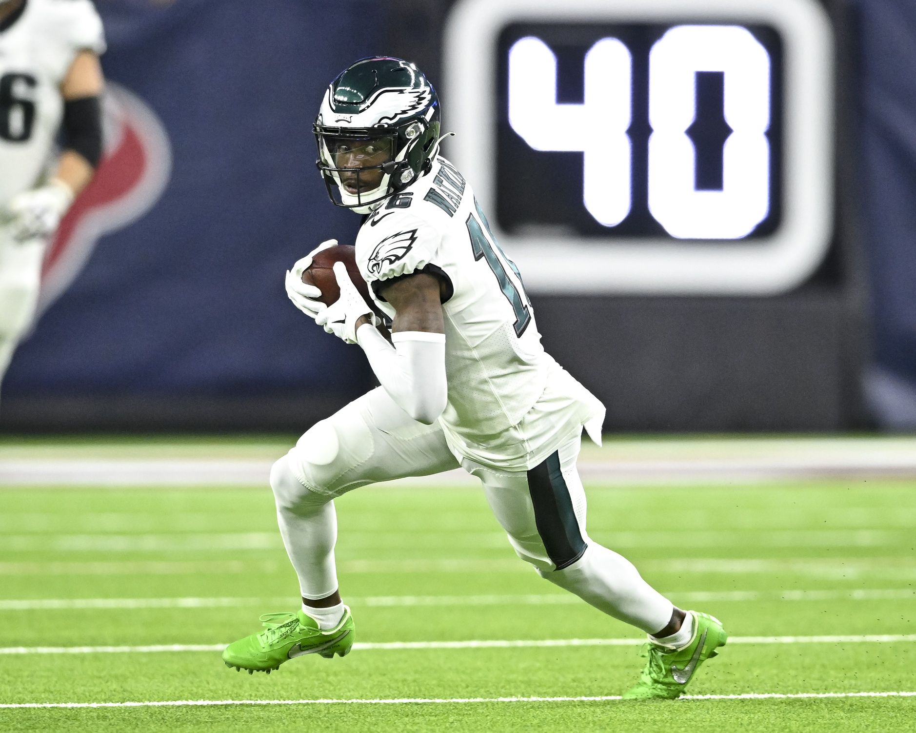 Quez Watkins (16) runs the ball during the first quarter against the Houston Texans at NRG Stadium.