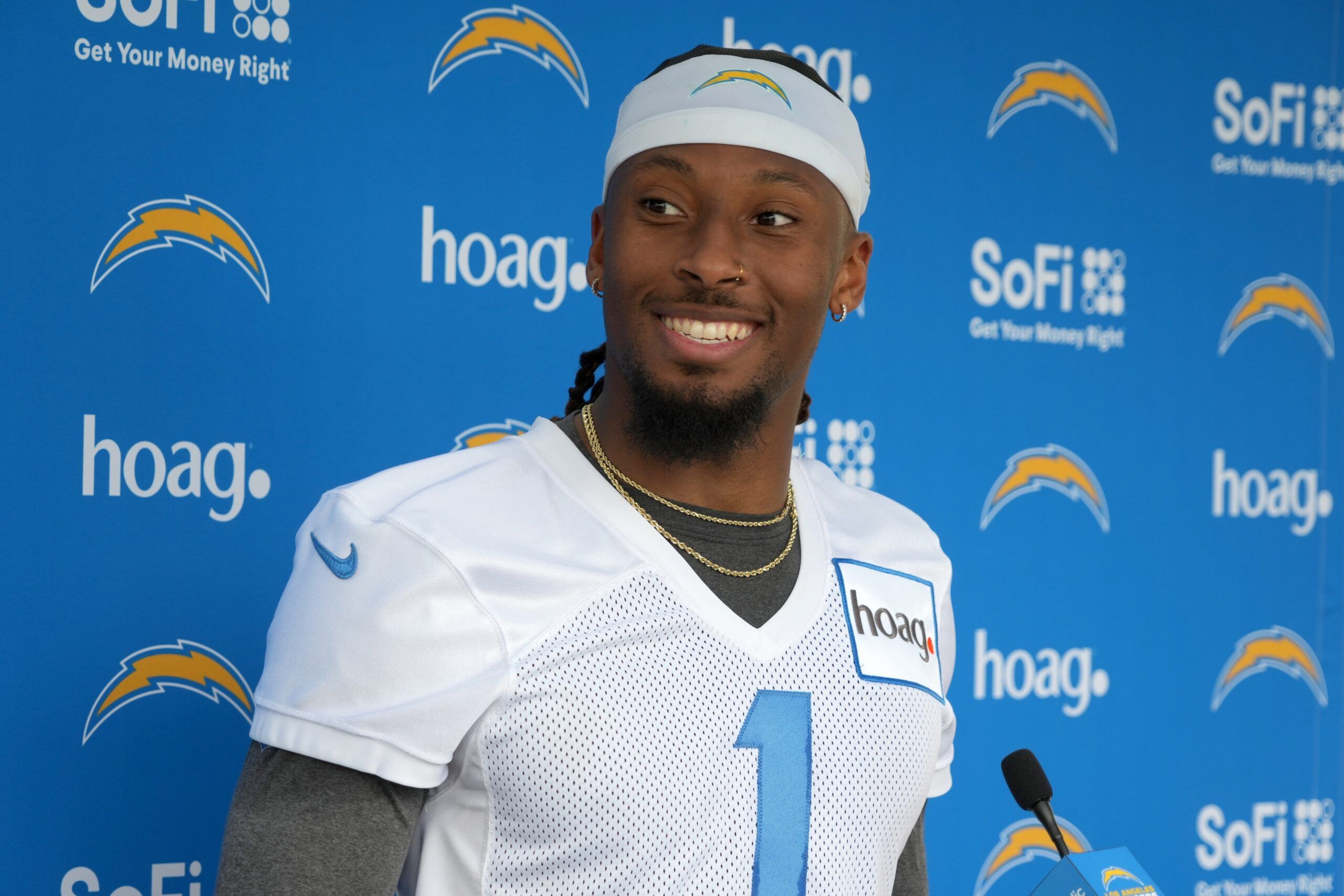 Quentin Johnston (1) speaks at press conference during rookie minicamp at Hoag Performance Center.