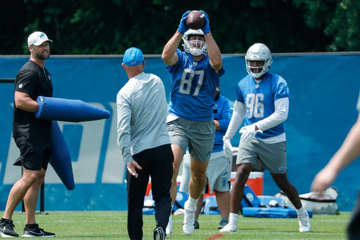 Detroit Lions TE Sam LaPorta (81) catching balls in a drill during minicamp.