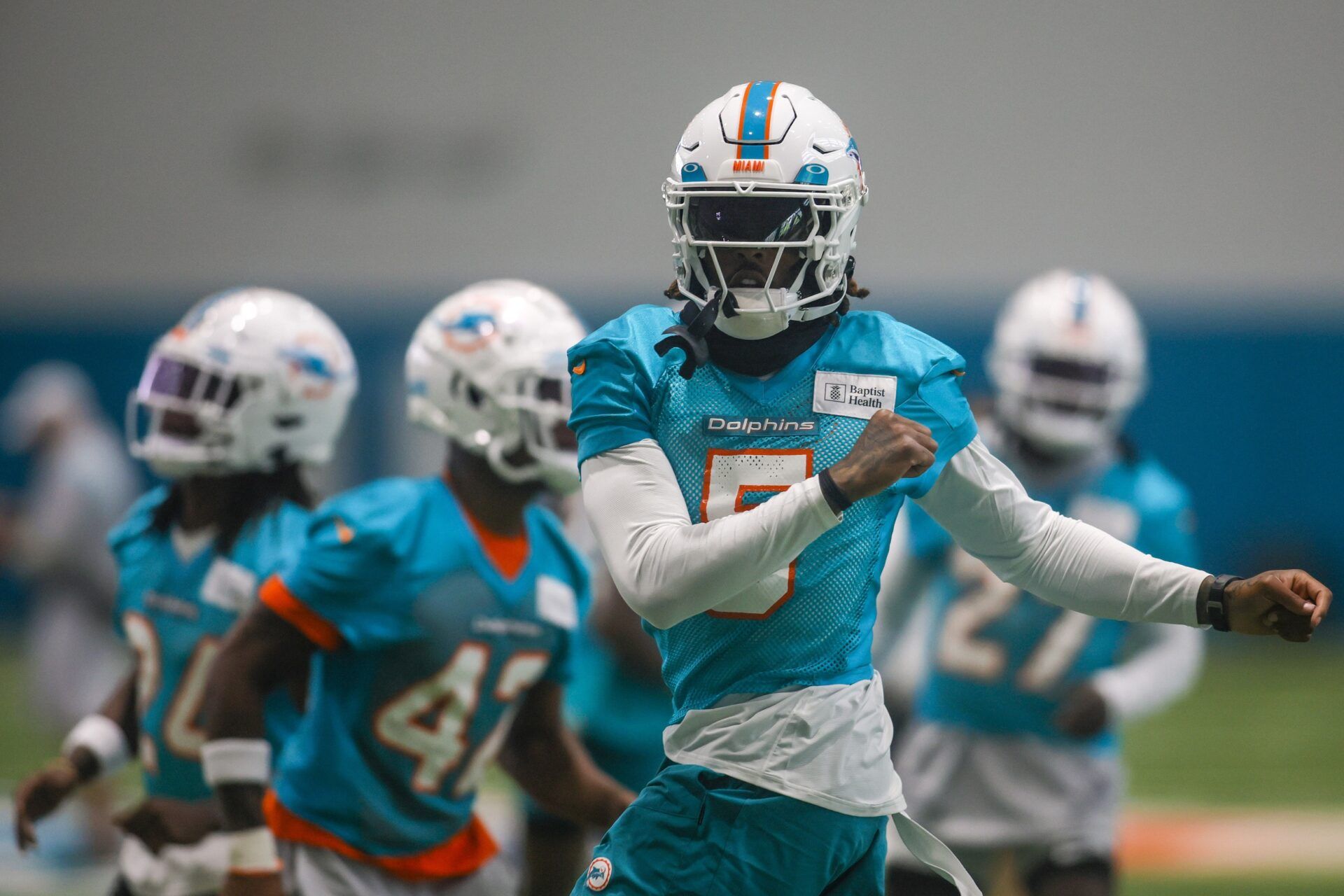 Miami Dolphins CB Jalen Ramsey (5) works out during mandatory minicamp.
