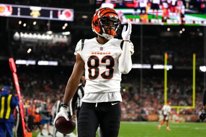 Tyler Boyd (83) celebrates a touchdown in the third quarter during an NFL Week 8 game against the Cleveland Browns.