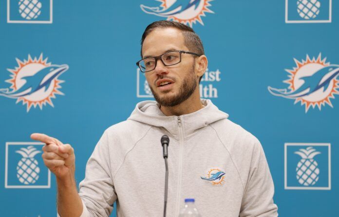 Mike McDaniel reacts during a press conference prior to mandatory minicamp at the Baptist Health Training Complex.