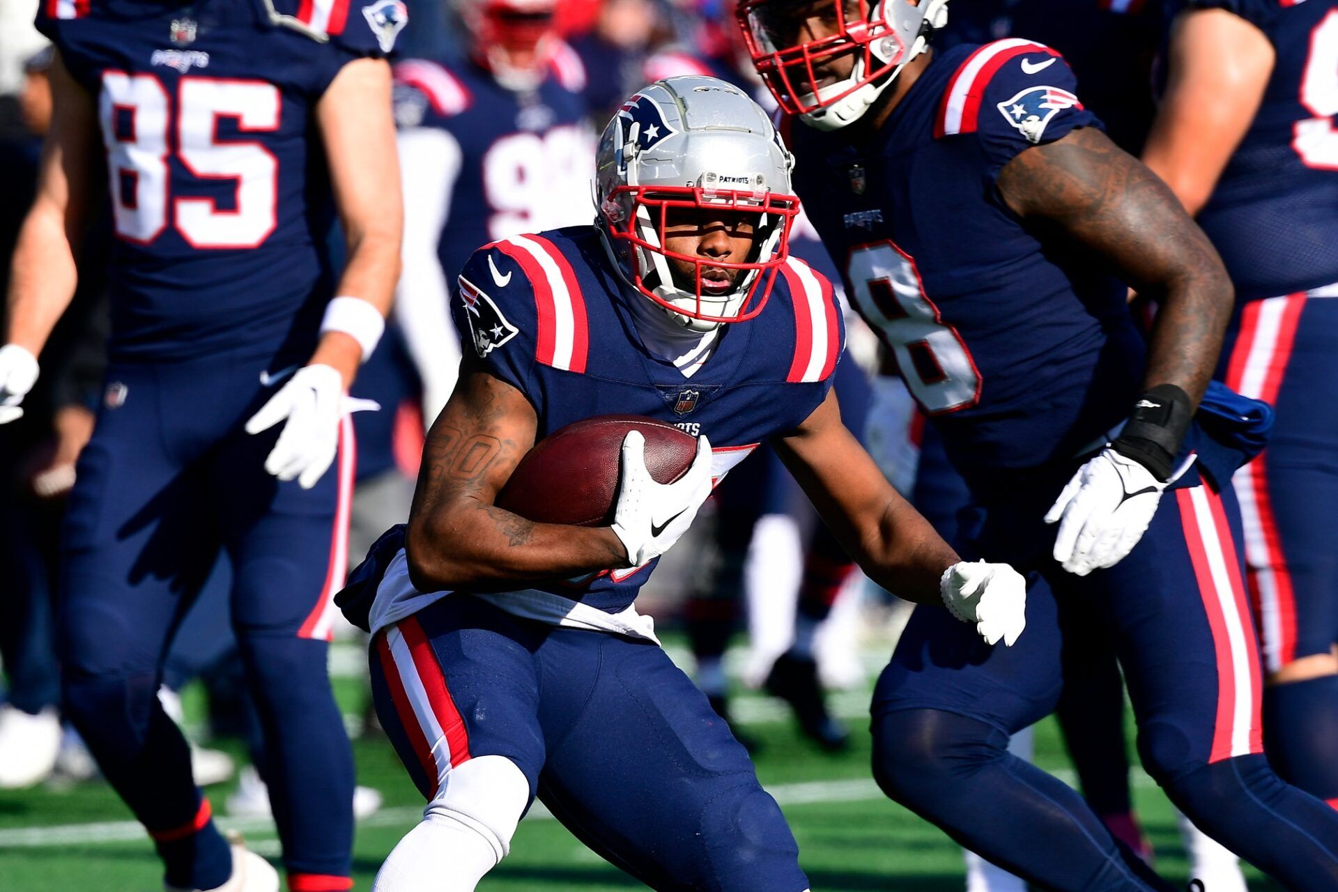 Pierre Strong Jr. (35) warms up before the start of a gameagainst the Cincinnati Bengals at Gillette Stadium.