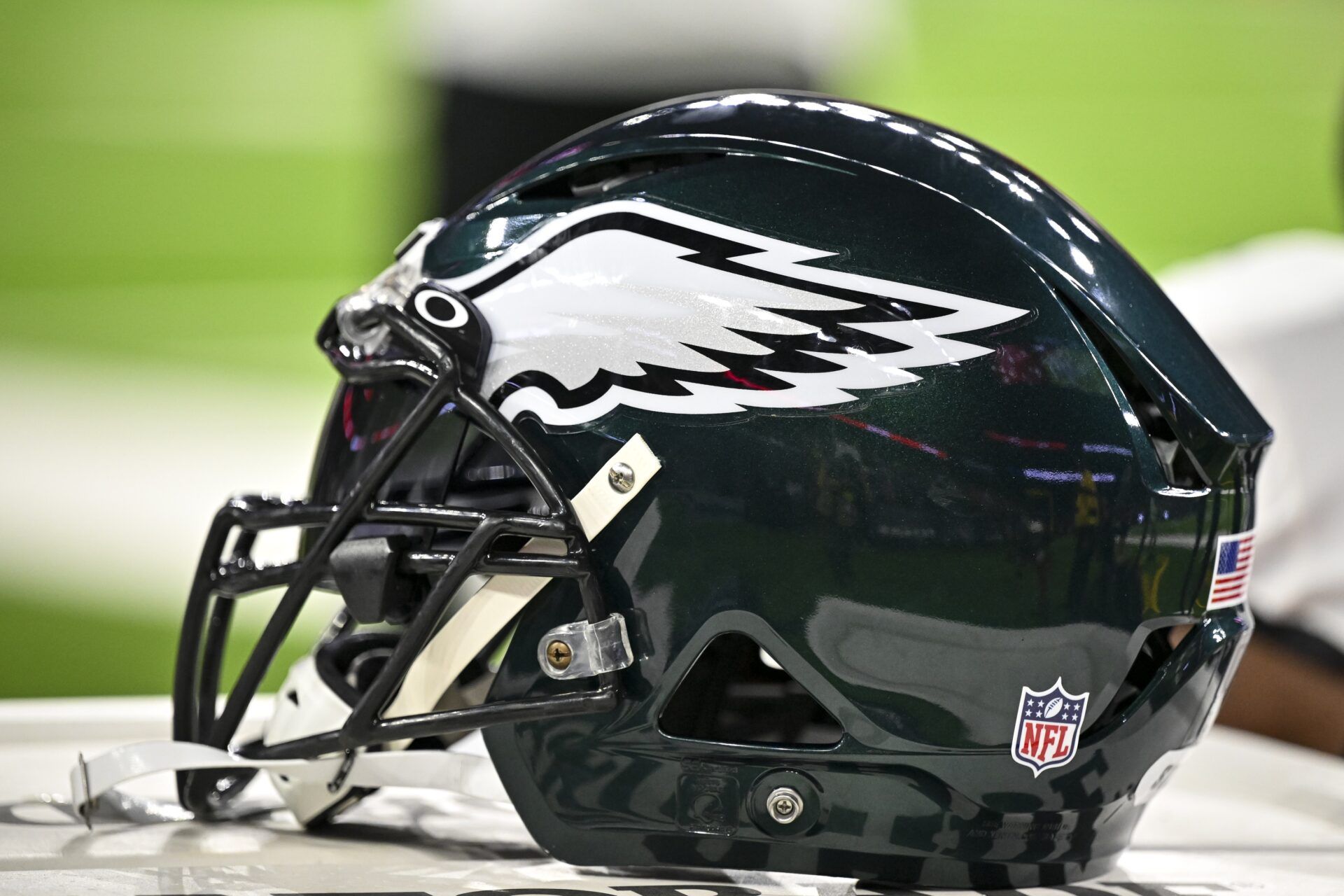 The Philadelphia Eagles helmet displayed on the sidelines.