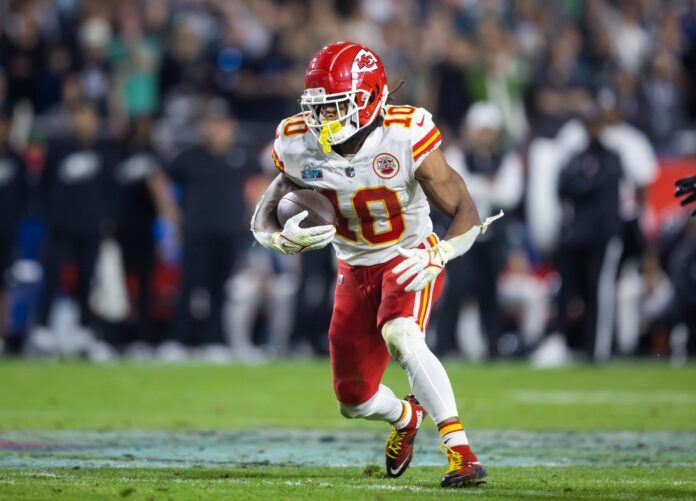 Isiah Pacheco (10) against the Philadelphia Eagles during Super Bowl LVII at State Farm Stadium.