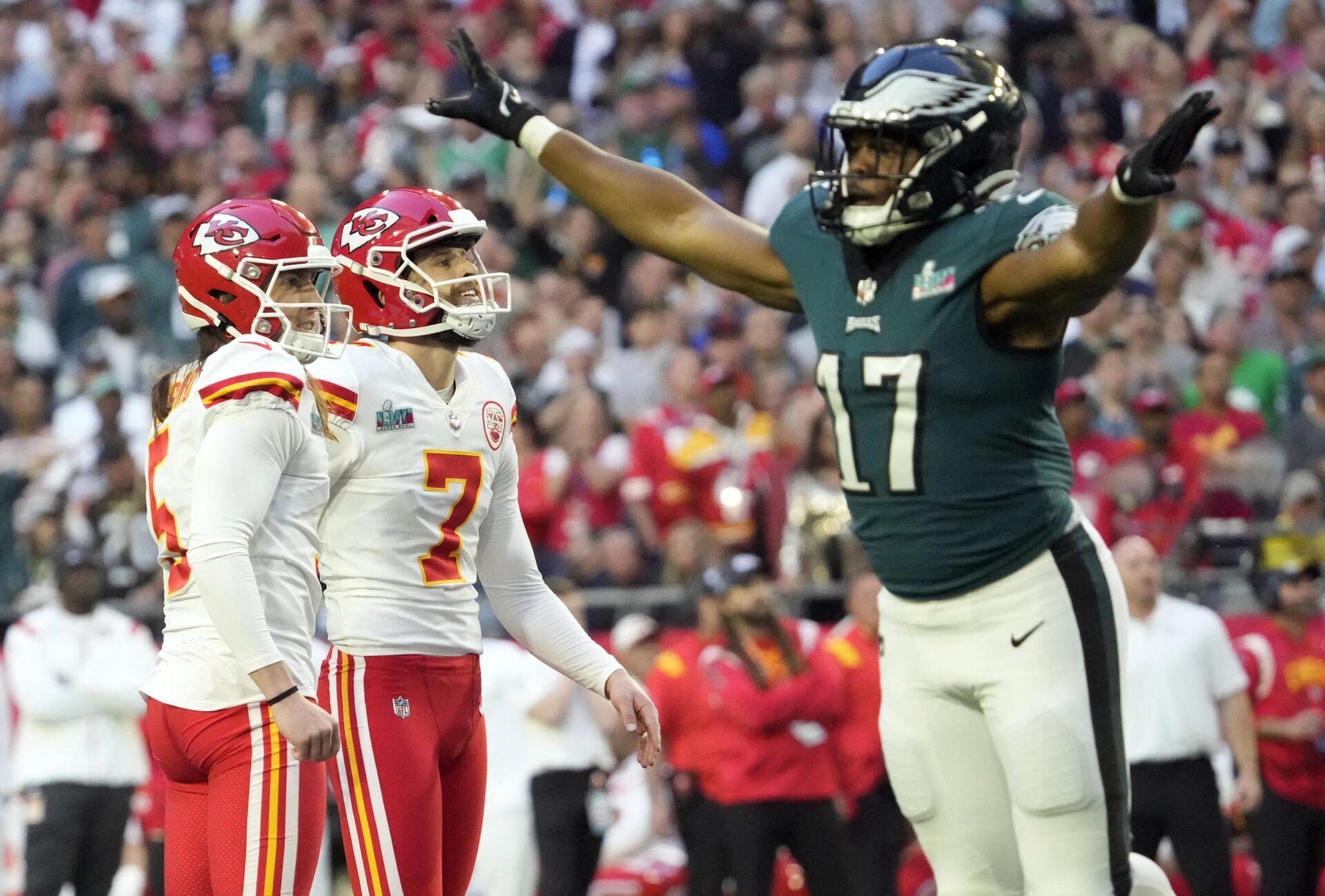 Philadelphia Eagles LB Nakobe Dean (17) reacts after Kansas City Chiefs K Harrison Butker (7) misses a field-goal attempt.