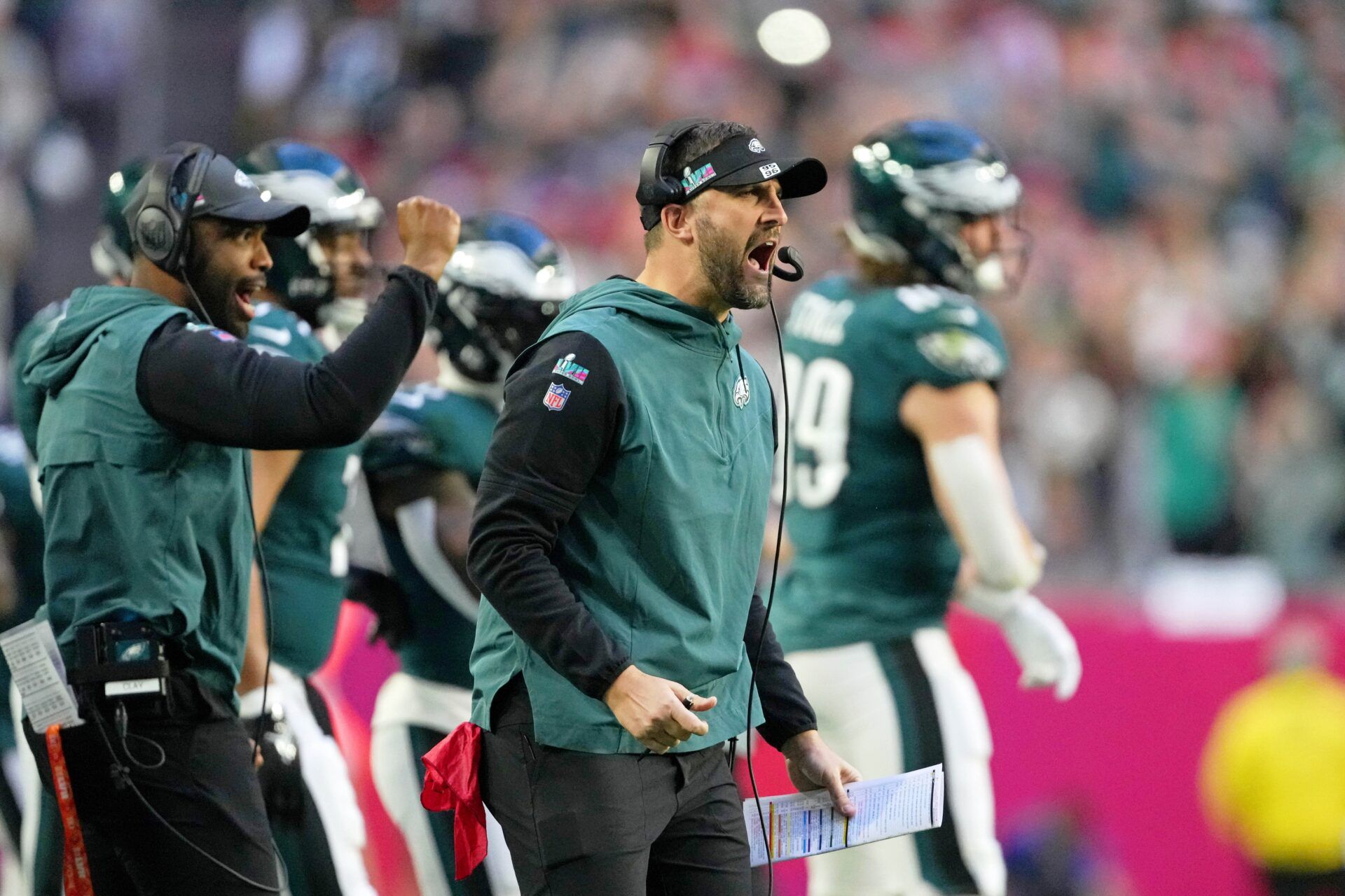 Philadelphia Eagles head coach Nick Sirianni gets fired up on the sidelines after a play.