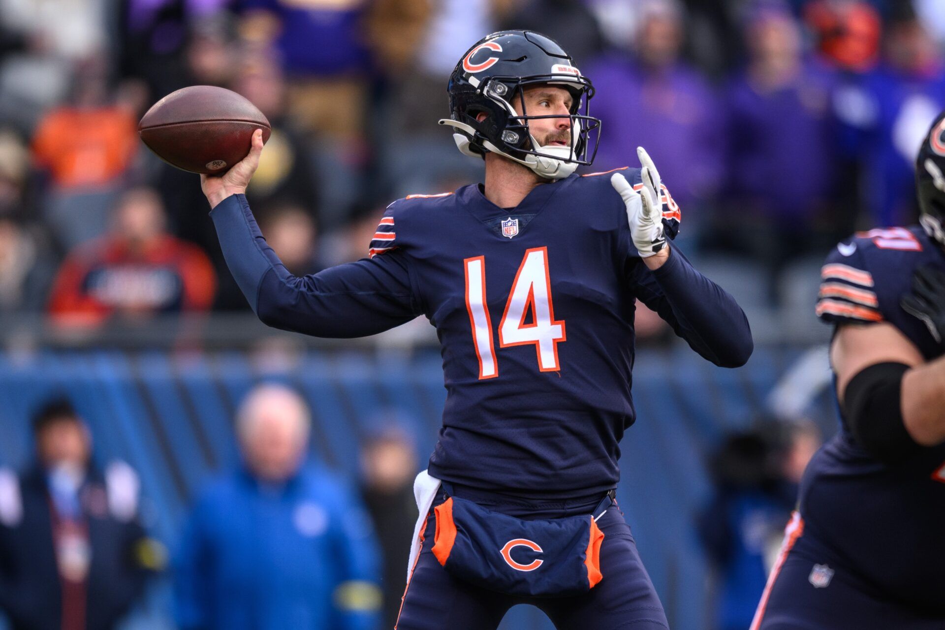 Chicago Bears QB Nathan Peterman (14) throws a pass.