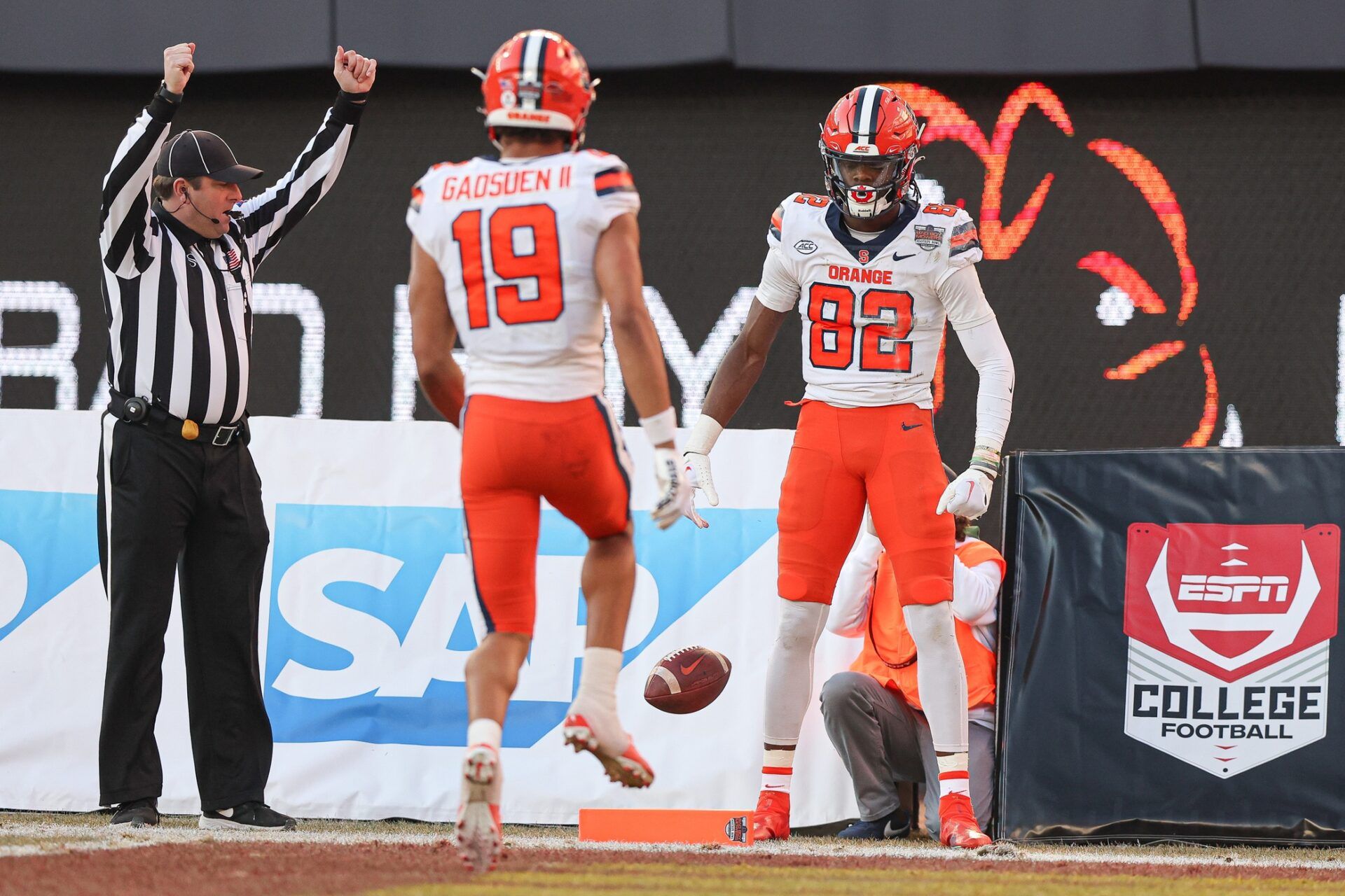 Syracuse Orange wide receivers Damien Alford (82) and Oronde Gadsden II (19) celebrate a touchdown.