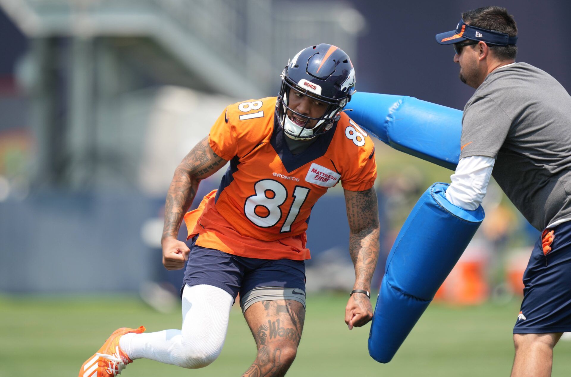 Denver Broncos WR Tim Patrick (81) running a drill during training camp.