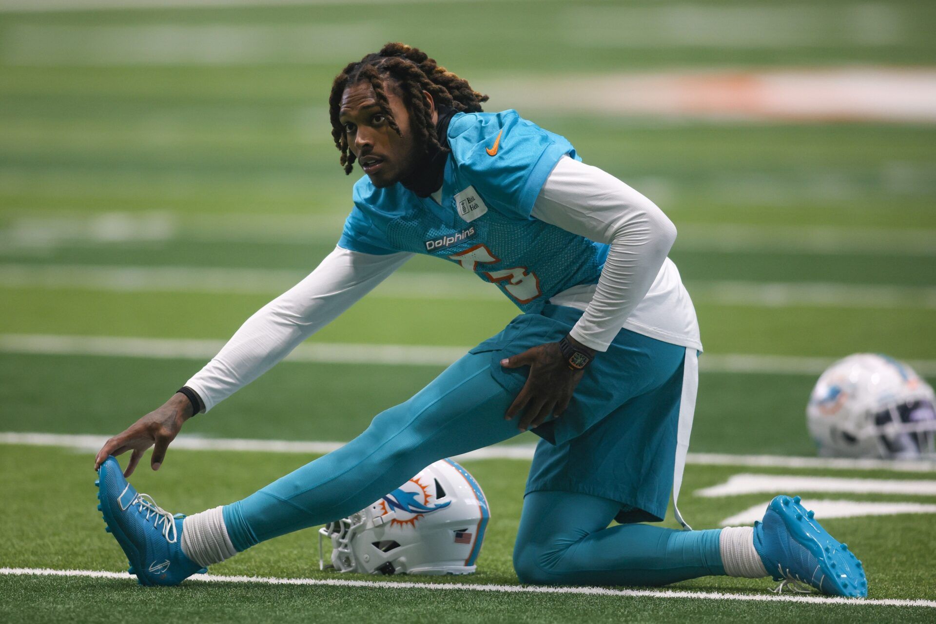 Miami Dolphins CB Jalen Ramsey (5) stretches during camp.