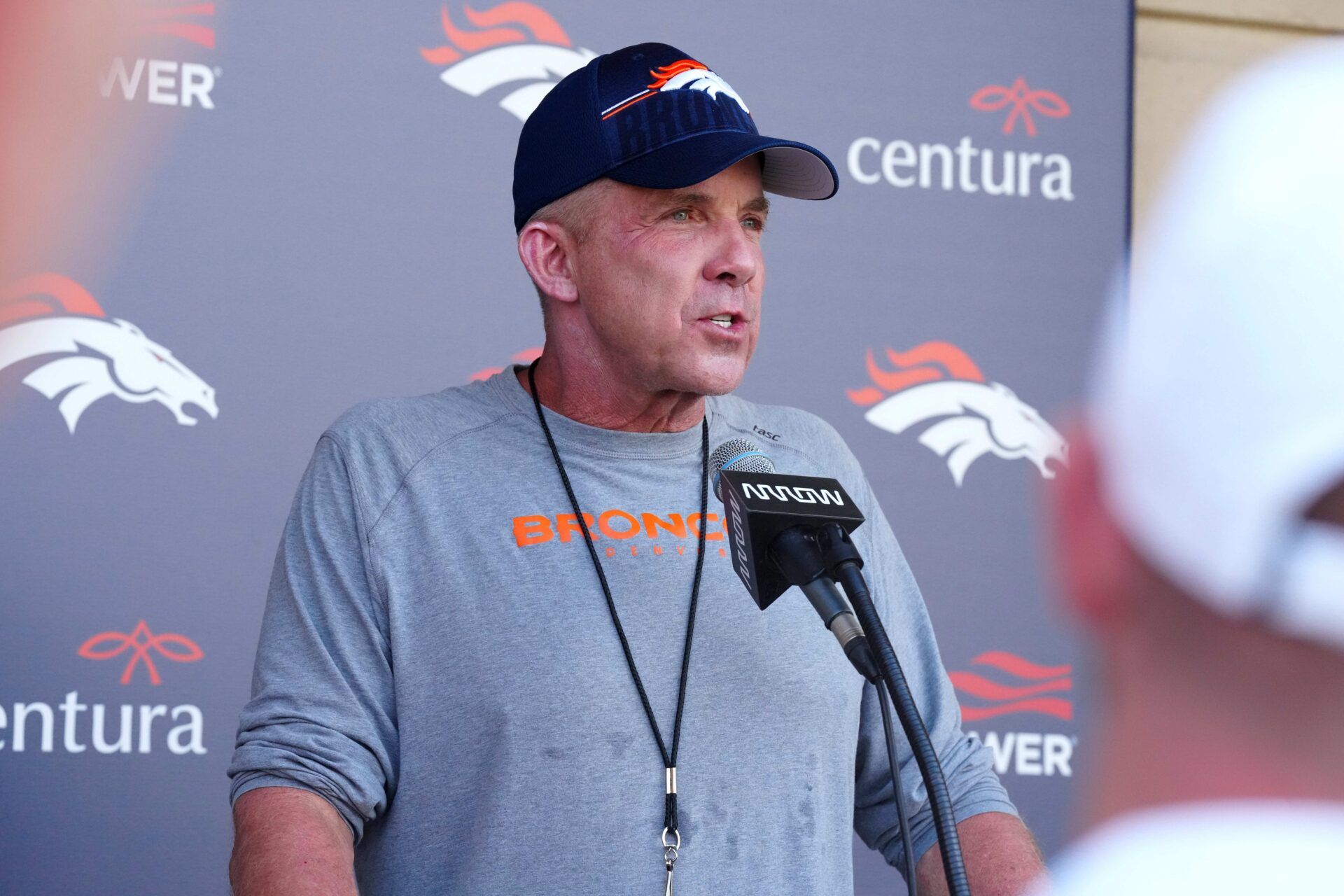 Denver Broncos head coach Sean Payton speaks to the media during training camp.