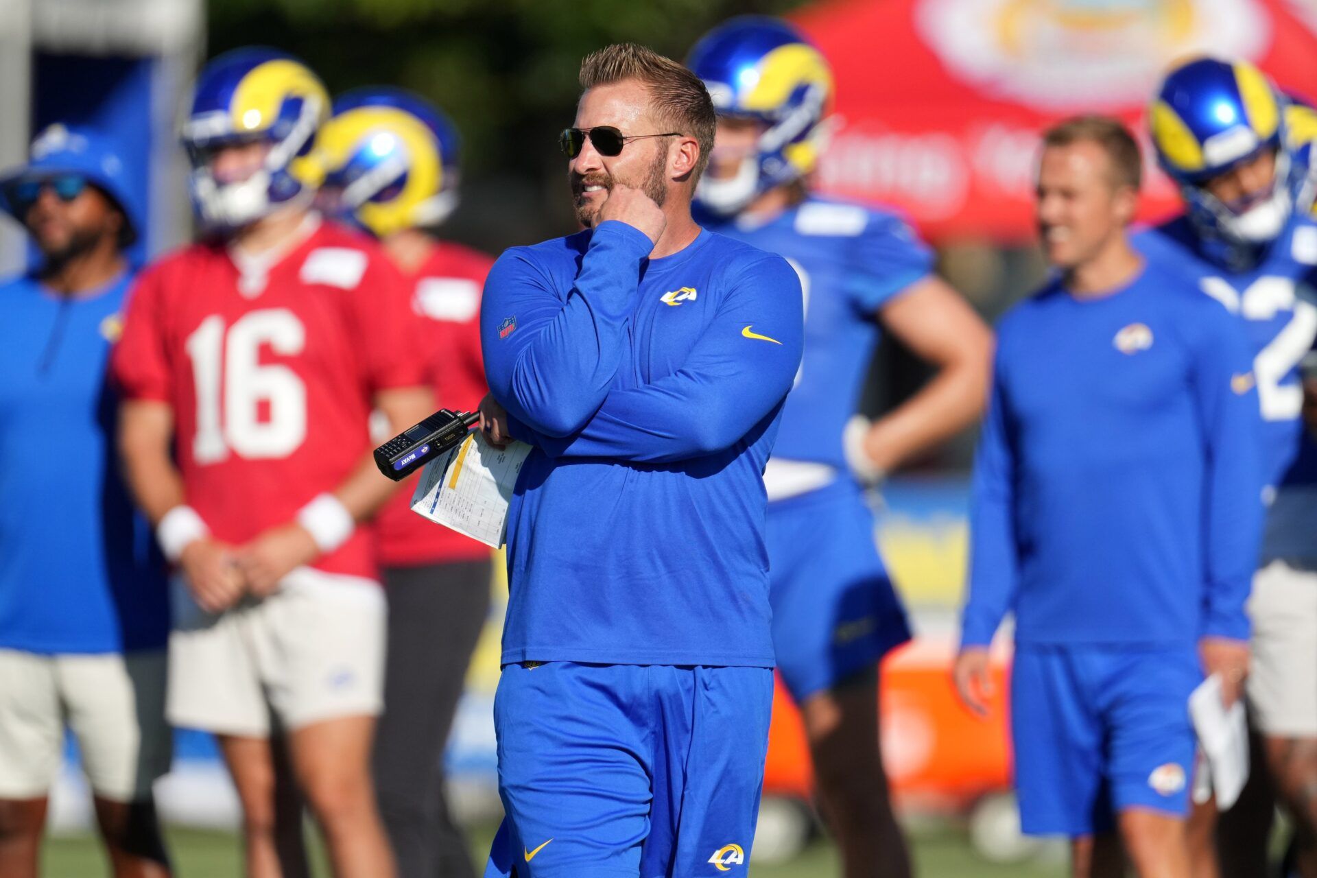 Los Angeles Rams head coach Sean McVay looks on during training camp.