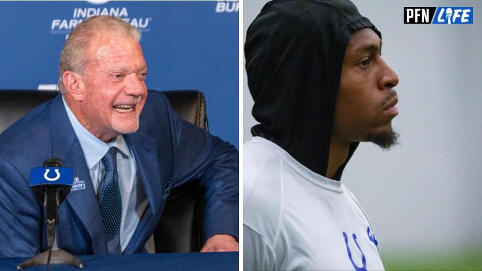 Jim Irsay speaking at a press conference beside Jonathan Taylor.
