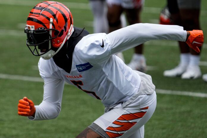 Tee Higgins (5) runs a play during an off-season workout inside Paycor Stadium.