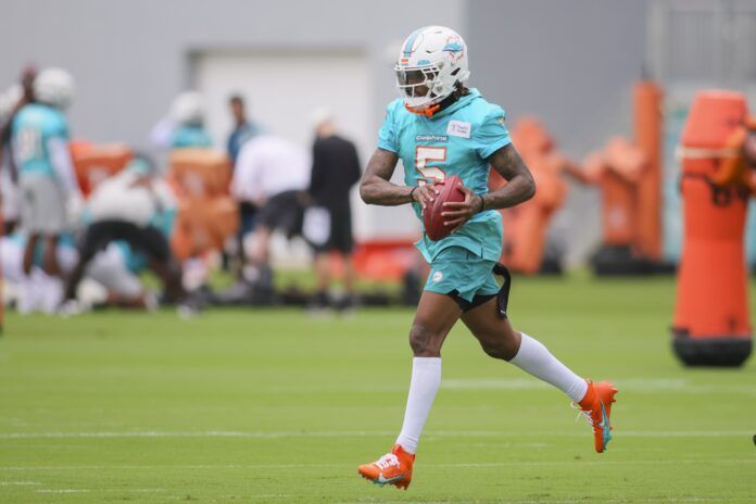 Miami Dolphins CB Jalen Ramsey (5) during drills in training camp.