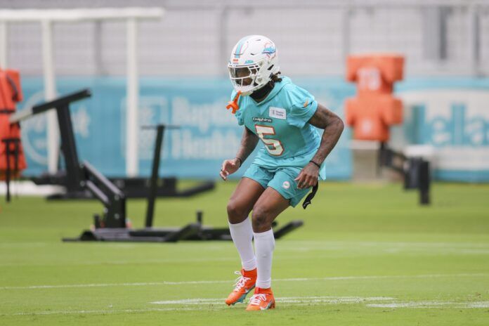 Jalen Ramsey (5) works out during training camp at Baptist Health Training Facility.