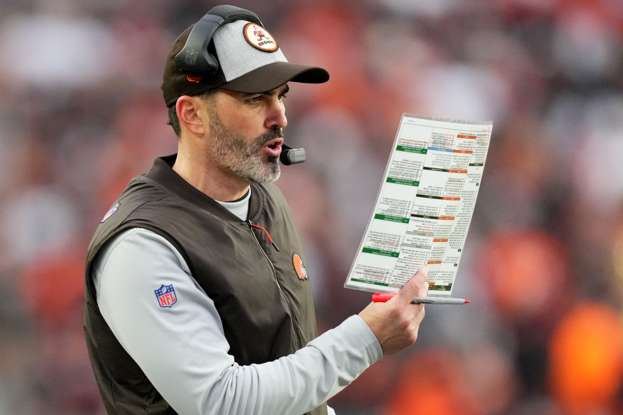 Kevin Stefanski calls a play in the fourth quarter during a Week 14 NFL game against the Cincinnati Bengals.