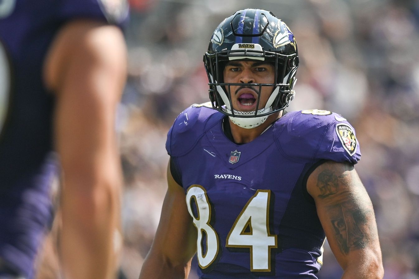 Josh Oliver (84) reacts during the game against the Miami Dolphins at M&T Bank Stadium.