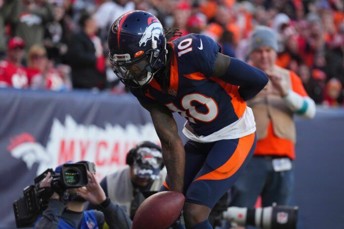 Jerry Jeudy (10) celebrates his touchdown in the second quarter against the Kansas City Chiefs at Empower Field at Mile High.