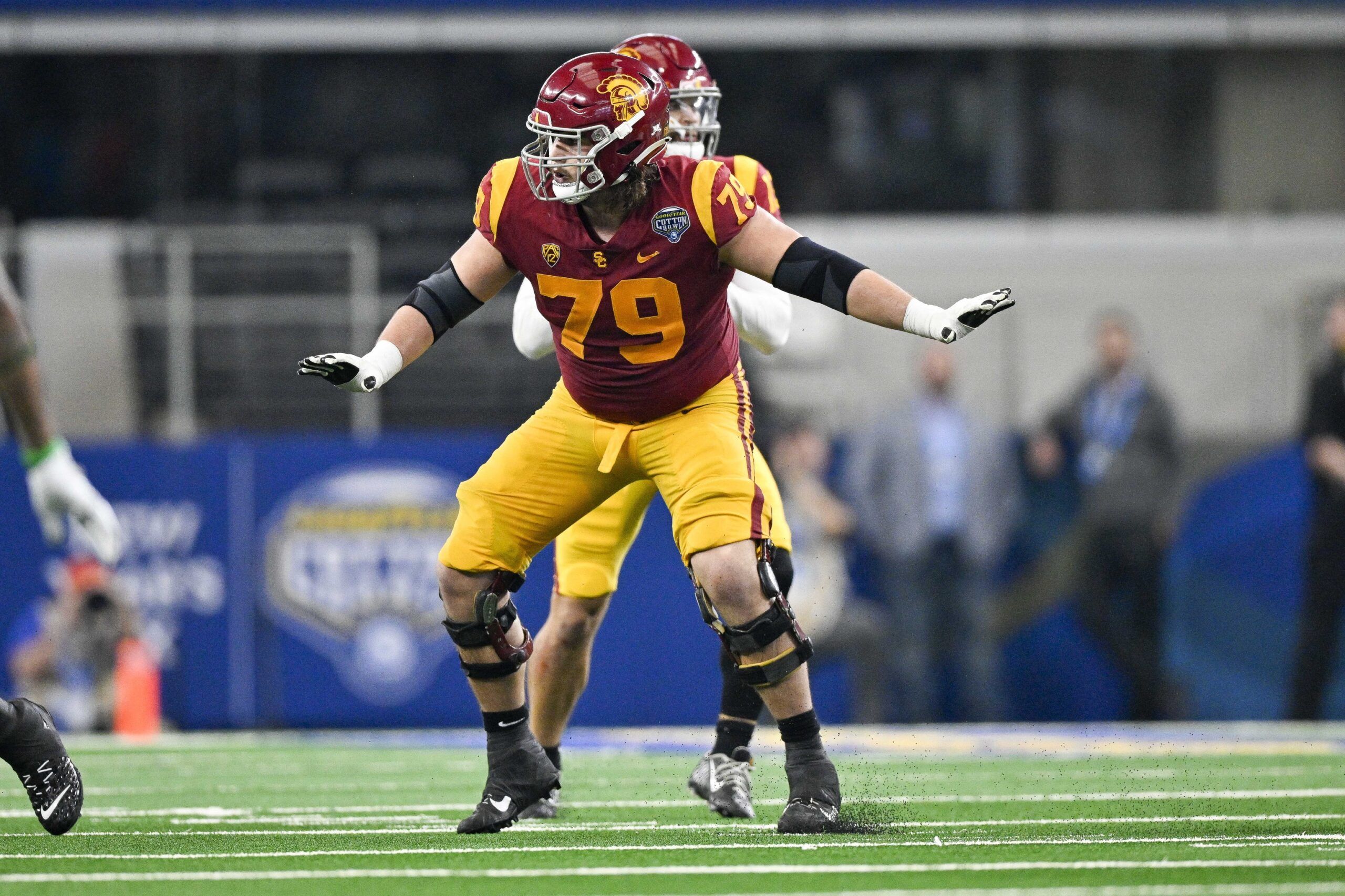 Jonah Monheim (79) in action during the game between the USC Trojans and the Tulane Green Wave in the 2023 Cotton Bowl.