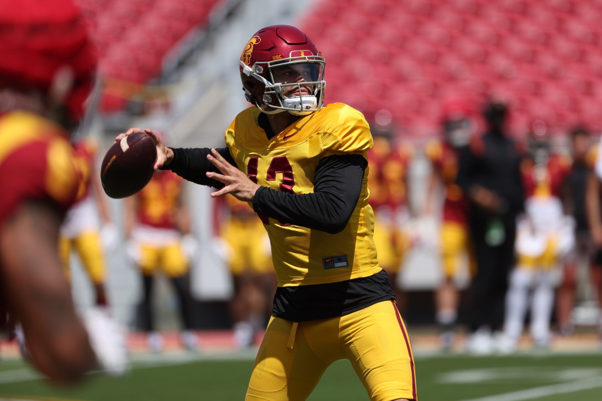 Caleb Williams (13) throws a pass during the Spring Game at Los Angeles Memorial Coliseum.