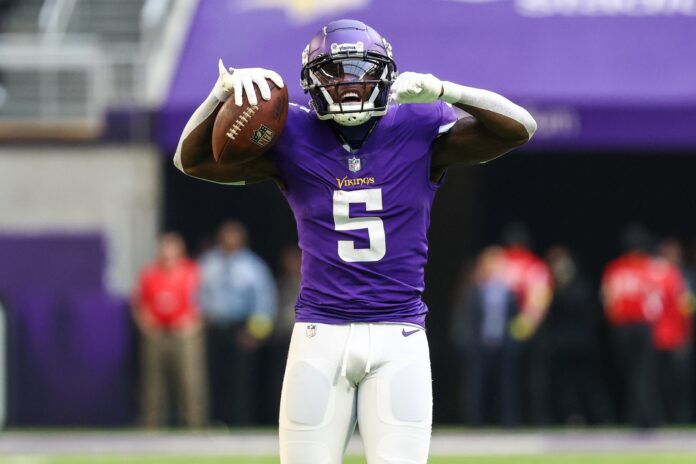 Jalen Reagor (5) celebrates a catch against the New York Jets during the second quarter at U.S. Bank Stadium.