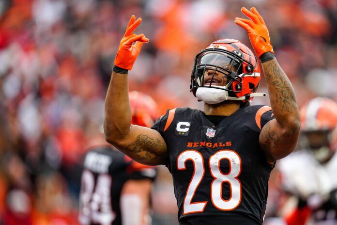 Joe Mixon (28) pumps up the crowd in the second quarter of the NFL Week 14 game between the Cincinnati Bengals and the Cleveland Browns.