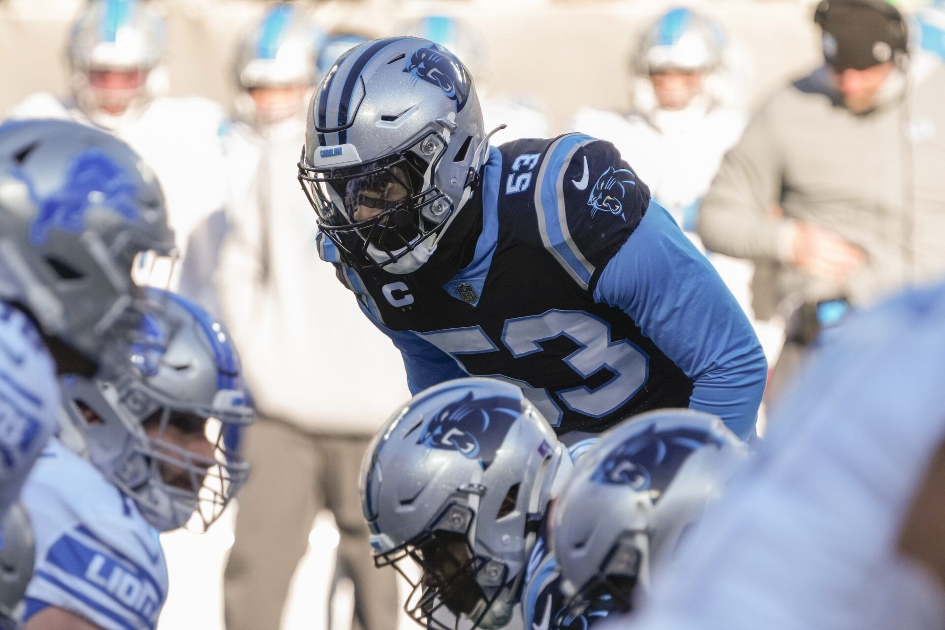 Carolina Panthers DE Brian Burns (53) lines up against the Detroit Lions.