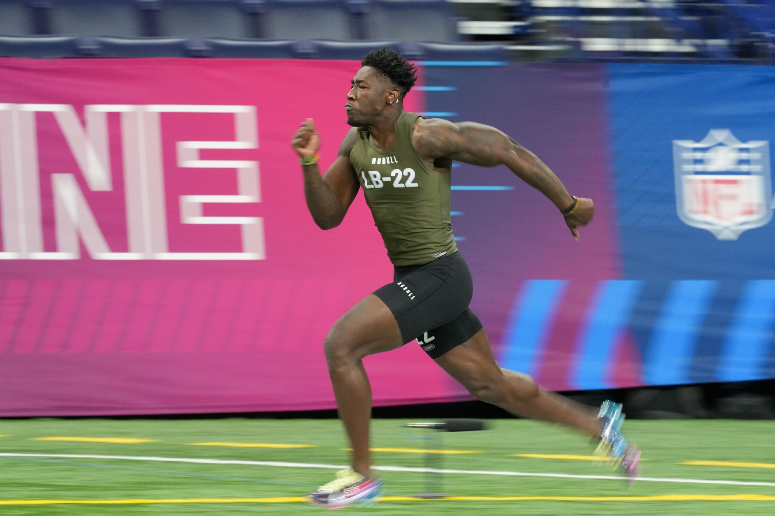 Demarvion Overshown (LB22) participates in drills during the NFL Combine at Lucas Oil Stadium.