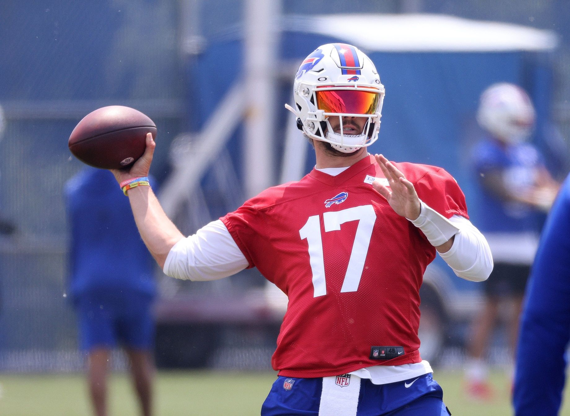 Josh Allen looks to throw during practice.