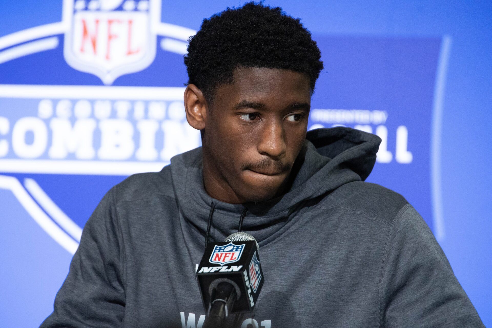 Wide receiver Jordan Addison talks to the media at the NFL Scouting Combine.