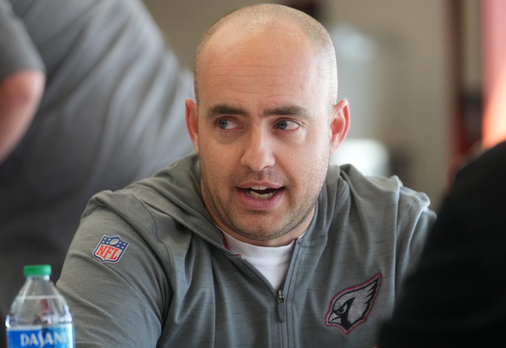 Arizona Cardinals offensive coordinator Drew Petzing speaks with the media.