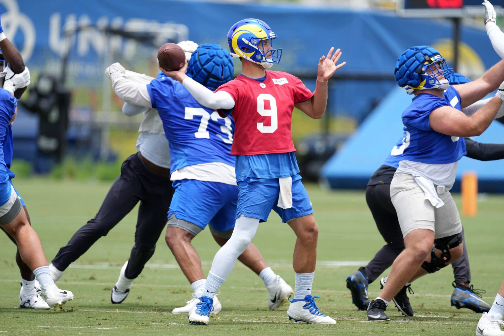 Los Angeles Rams QB Matthew Stafford (9) throws a pass during camp.