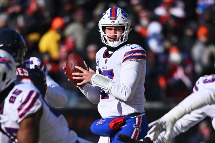 Buffalo Bills QB Josh Allen (17) drops back to pass against the Chicago Bears.