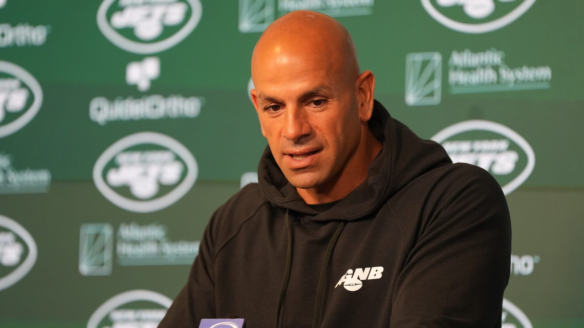 New York Jets head coach Robert Saleh answers questions at a press conference.