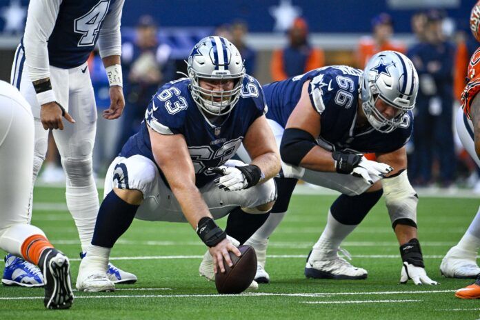 Dallas Cowboys C Tyler Biadasz (63) gets ready to snap the ball.