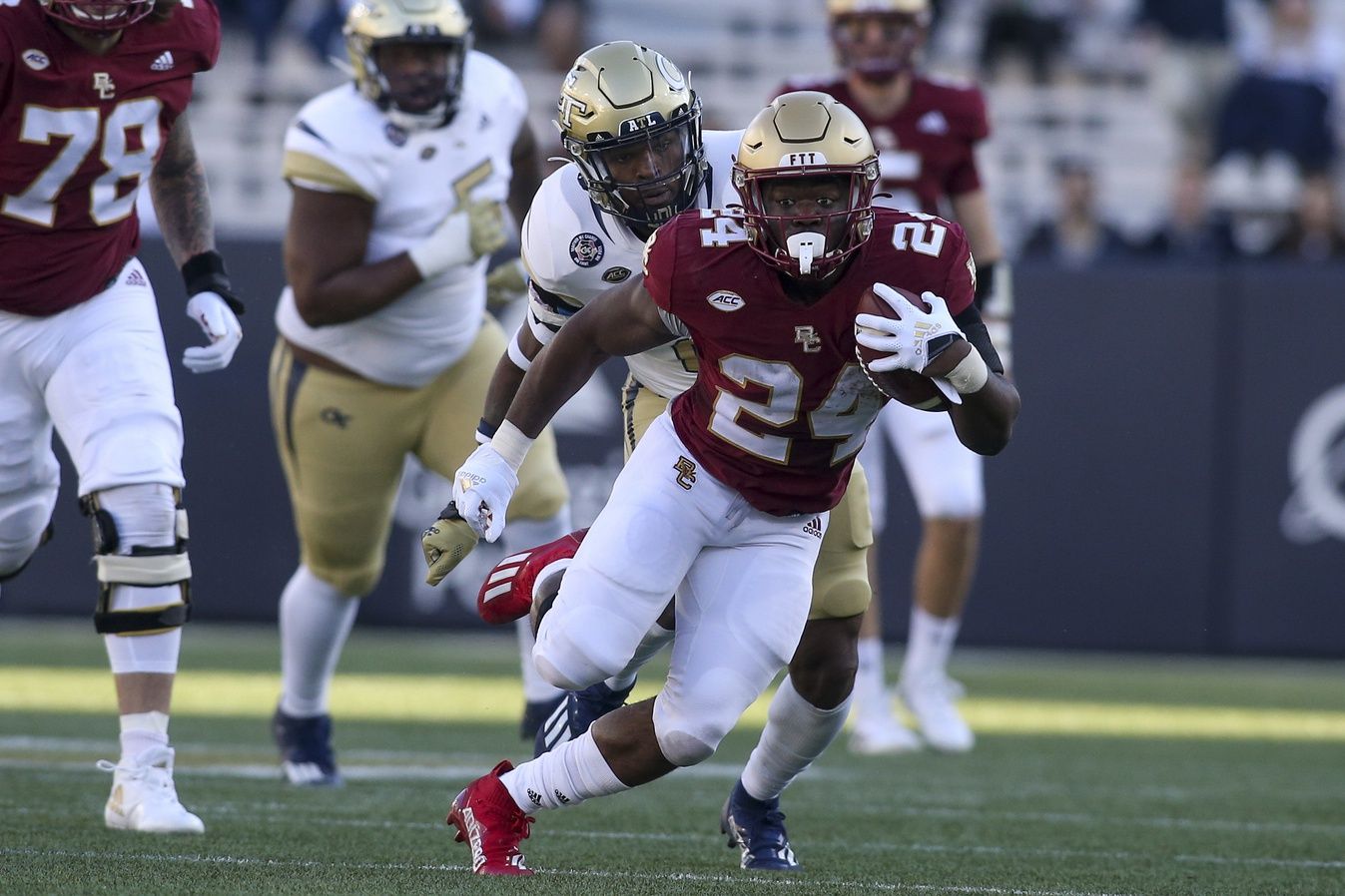 Boston College Eagles RB Pat Garwo III (24) runs the ball against the Georgia Tech Yellow Jackets.