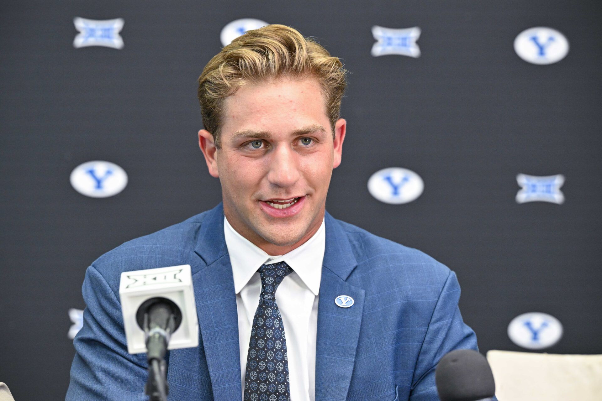 BYU Cougars QB Kedon Slovis is interviewed during Big 12 media day.