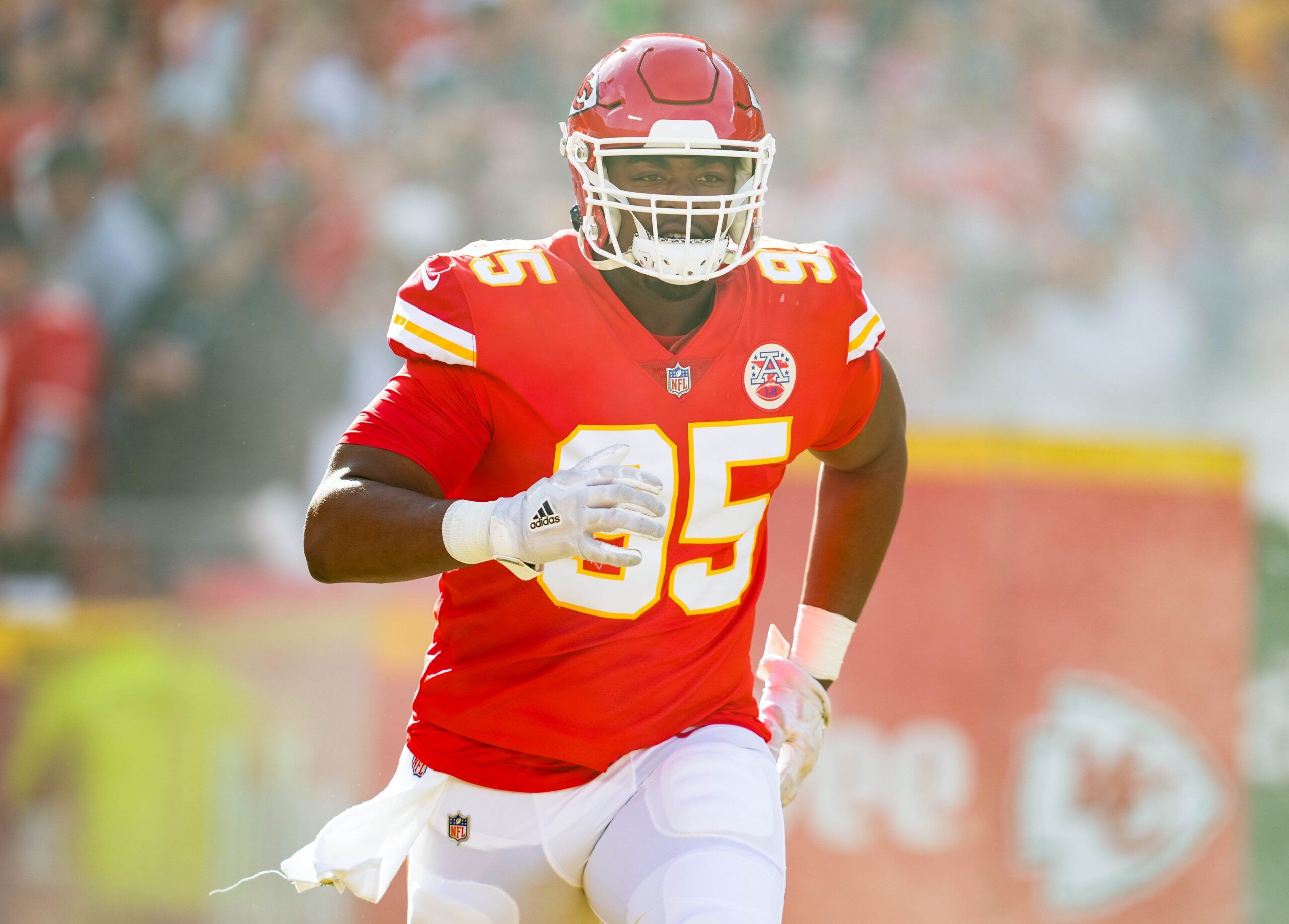 Chris Jones (95) takes the field prior to a game against the Denver Broncos at GEHA Field at Arrowhead Stadium. 