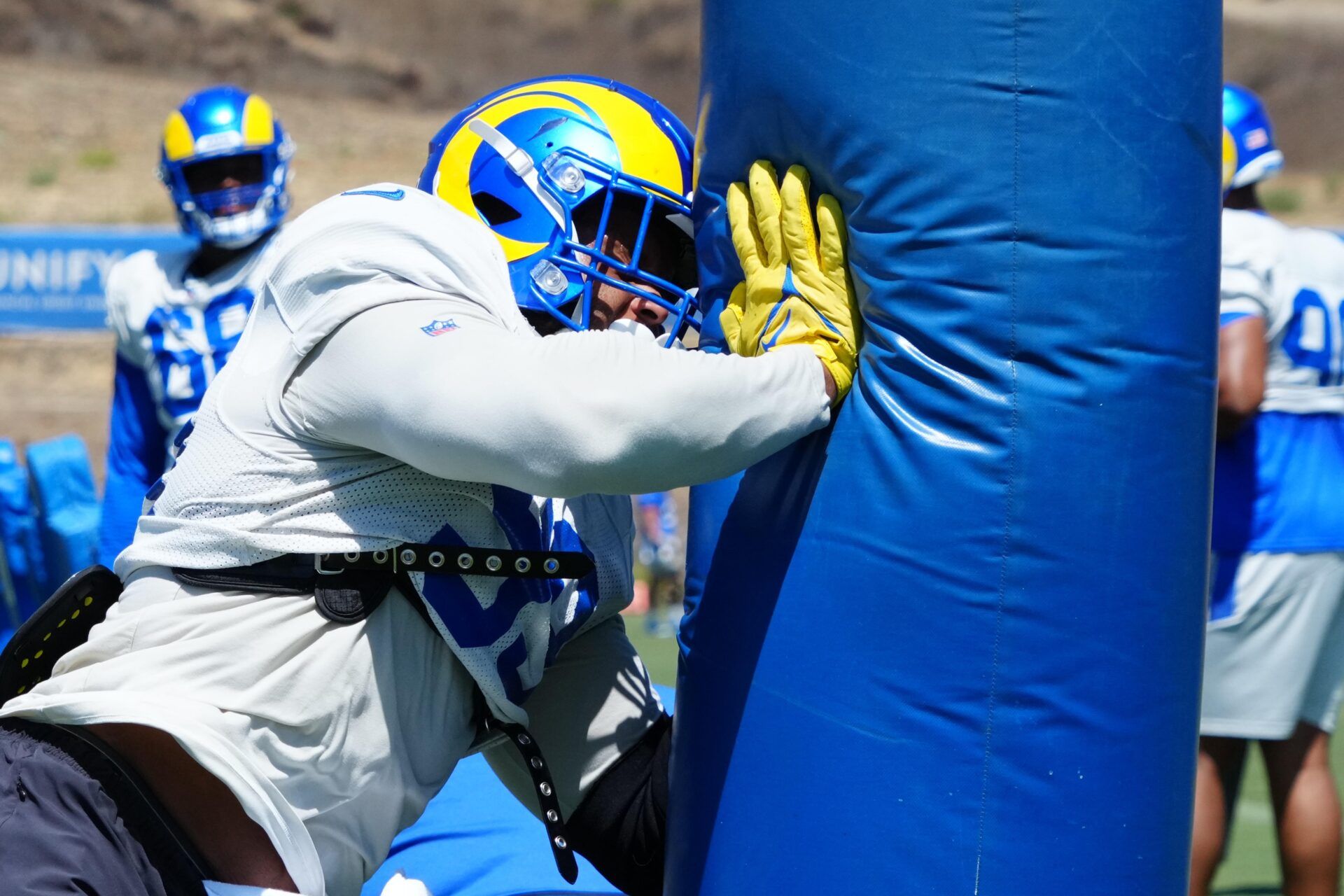 Los Angeles Rams DL Aaron Donald (99) participates in a training camp drill.