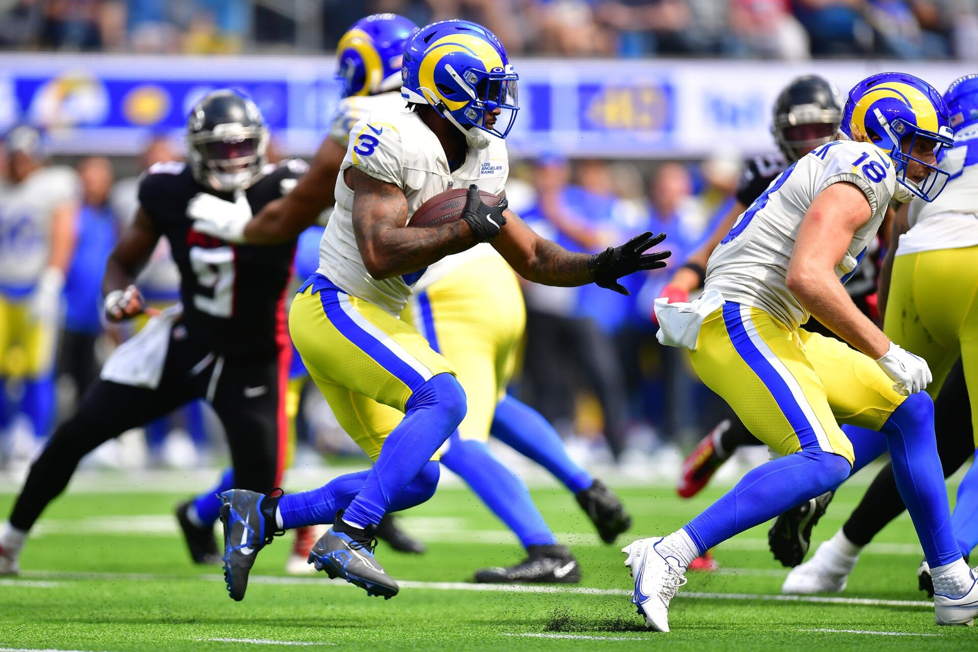 Los Angeles Rams RB Cam Akers (3) runs the ball against the Atlanta Falcons.