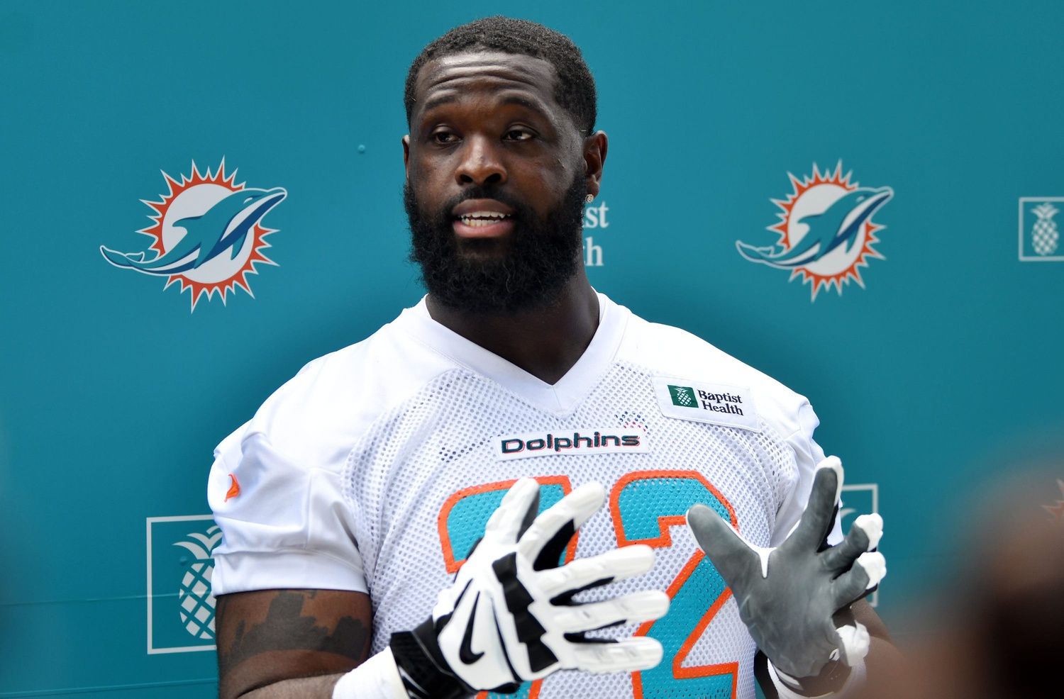 Terron Armstead (72) answers questions from the media during training camp at Baptist Health Training Complex.