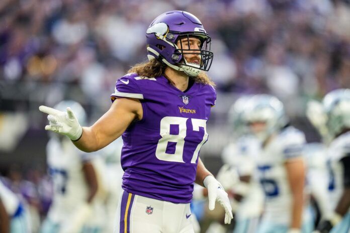 T.J. Hockenson (87) looks on during the first quarter against the Dallas Cowboys at U.S. Bank Stadium.