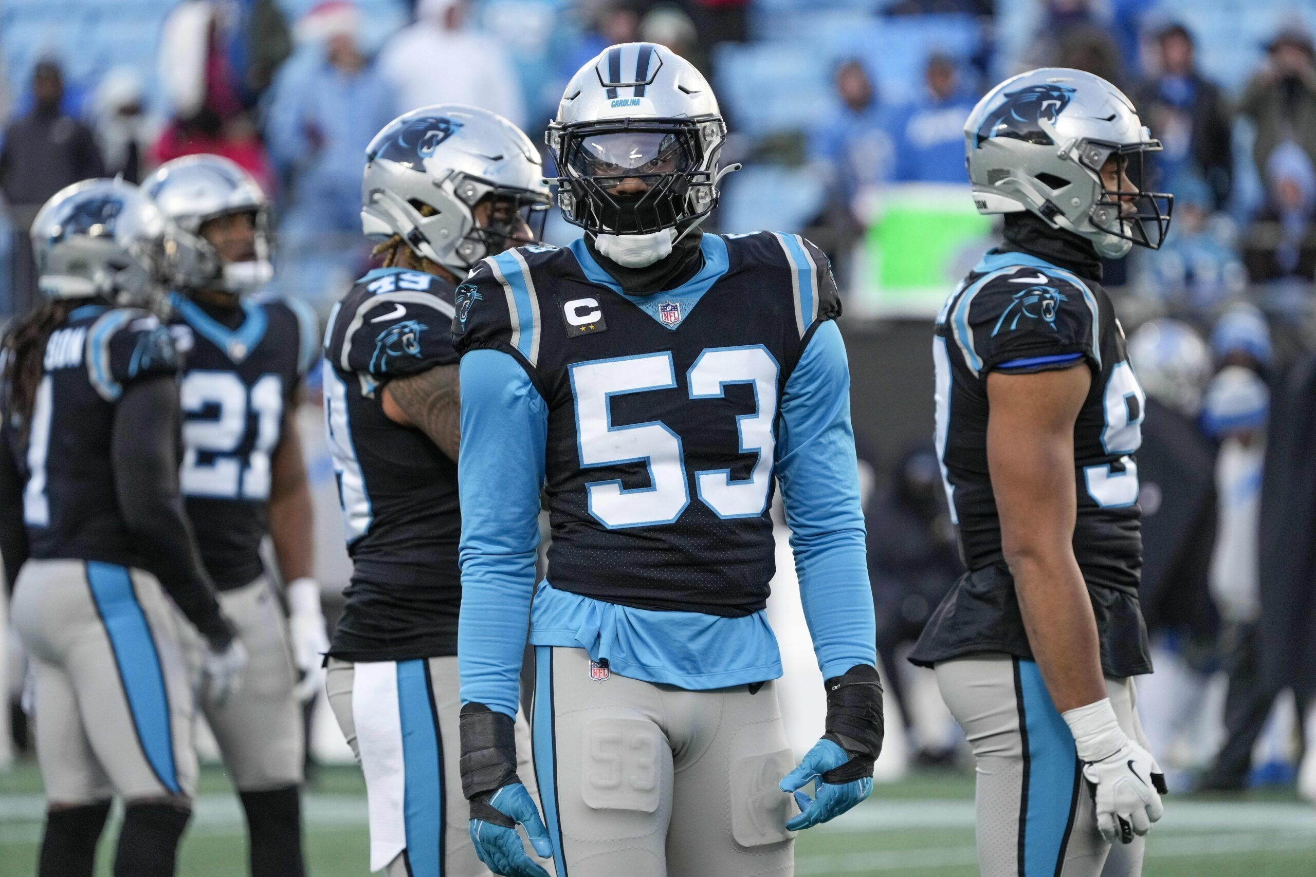 Brian Burns (53) looks back to his sideline during the second half against the Detroit Lions at Bank of America Stadium.