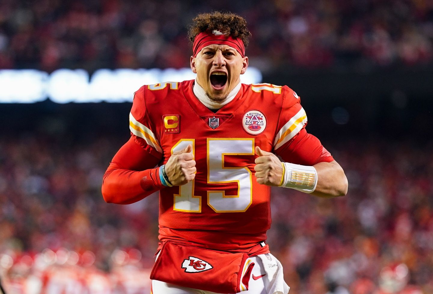 Patrick Mahomes (15) during his pregame ritual prior to the AFC Championship game against the Cincinnati Bengals at GEHA Field at Arrowhead Stadium.