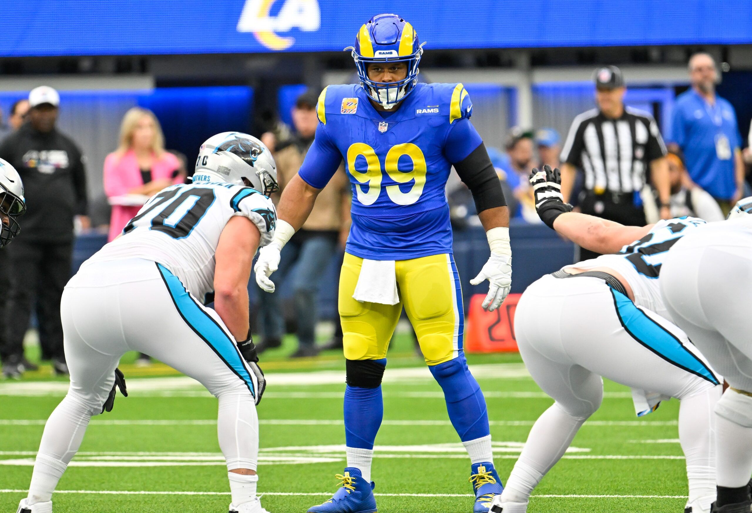 Aaron Donald (99) during an NFL game against the Carolina Panthers at SoFi Stadium.