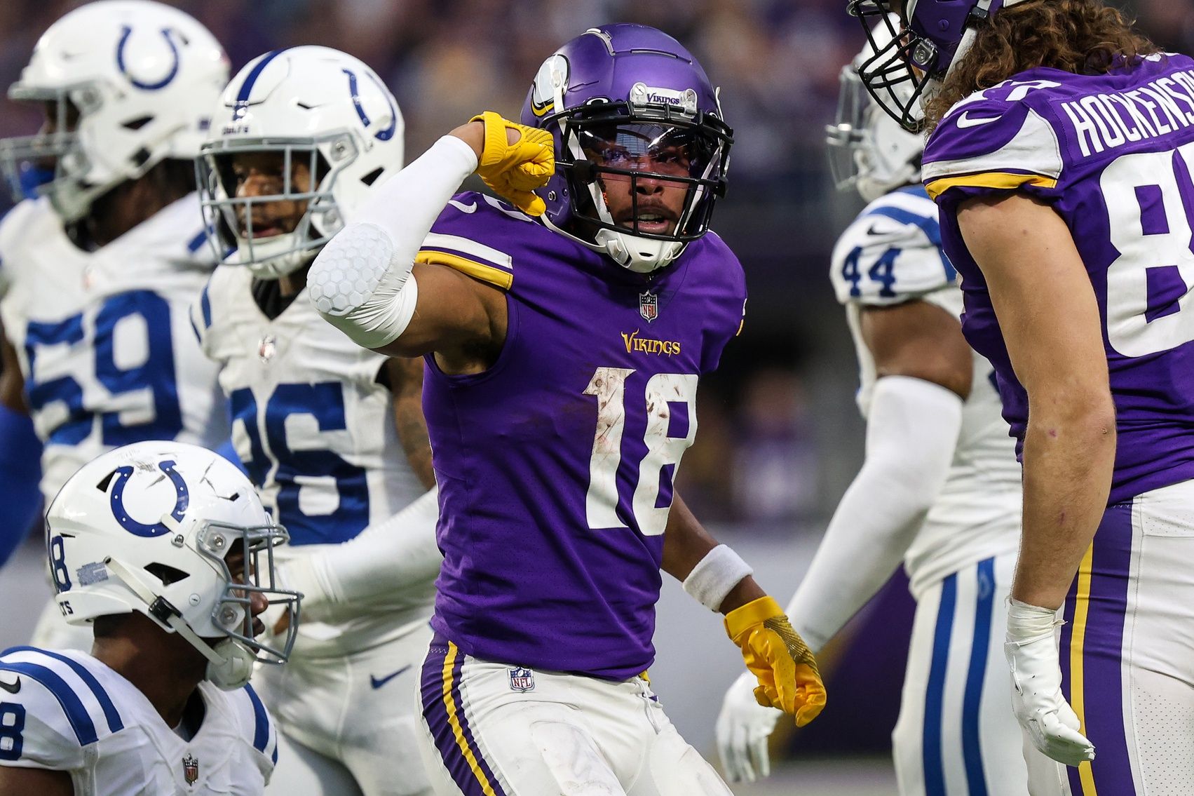 Justin Jefferson (18) reacts to his catch during the fourth quarter against the Indianapolis Colts at U.S. Bank Stadium.