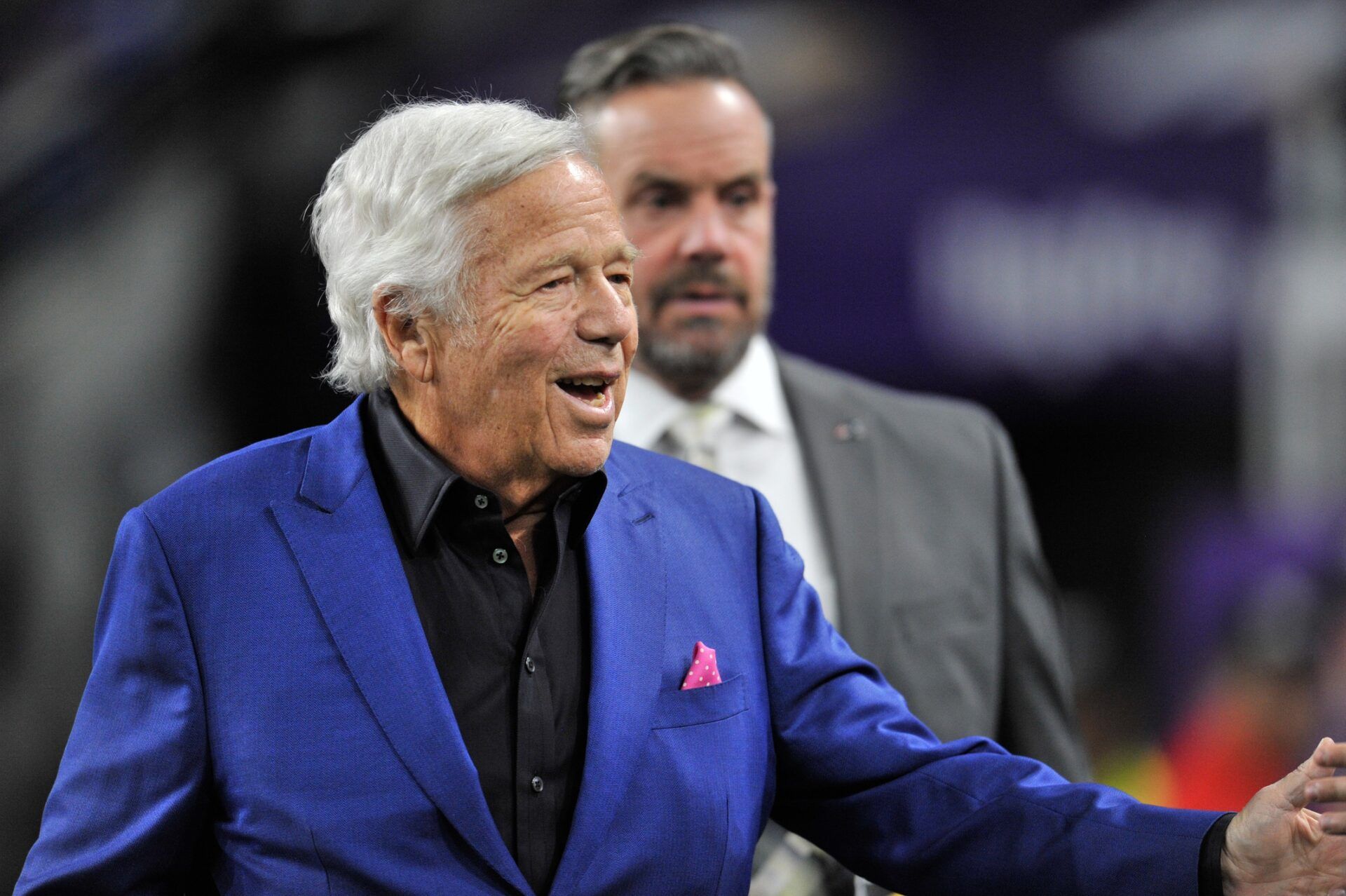 Robert Kraft greets fans before the game between the Minnesota Vikings and the Patriots at U.S. Bank Stadium.